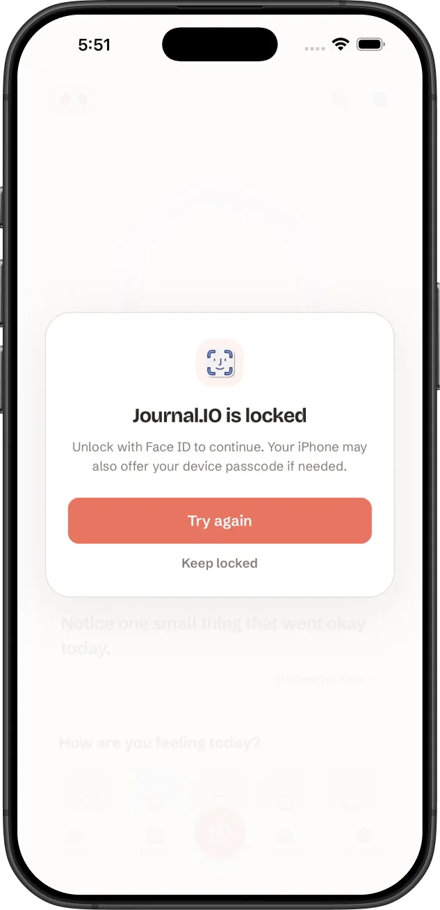 The Journal.IO app lock screen, requesting Face ID before showing any entries.