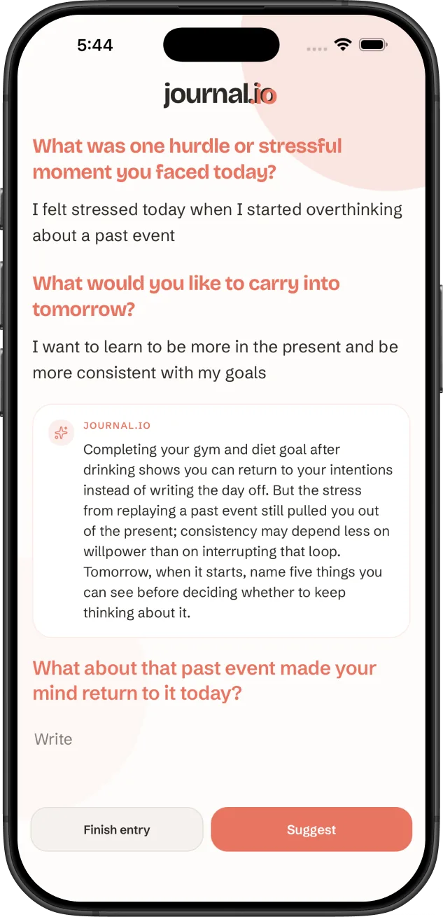 A guided reflection prompt asking what one good or exciting thing happened today, with a text field below it.