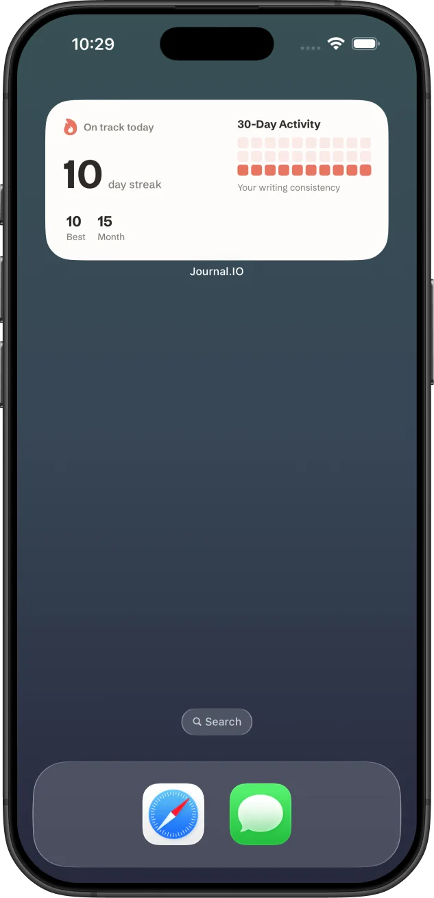 An iOS Home Screen with the Journal.IO streak widget alongside the app icon.